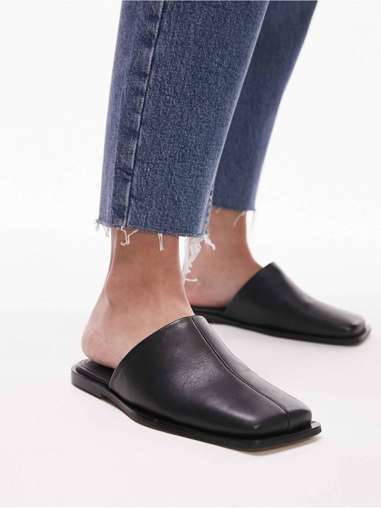 Topshop Shoes - Topshop Cici Black Leather Square Toe Flat Mules Women Size 8